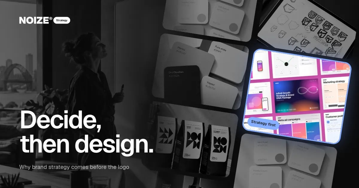 A wall of greyscale brand work with one full-colour Strategy first image lit up.
