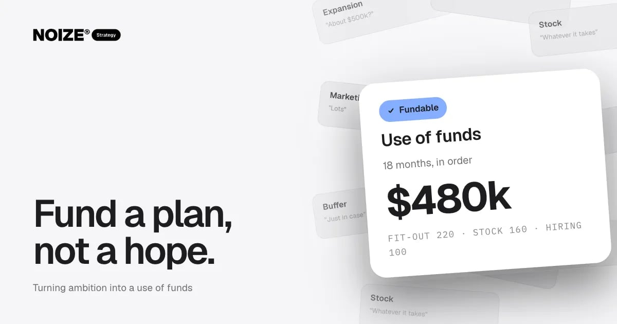 A wall of vague funding guesses with a white Use of funds card showing $480k over 18 months.